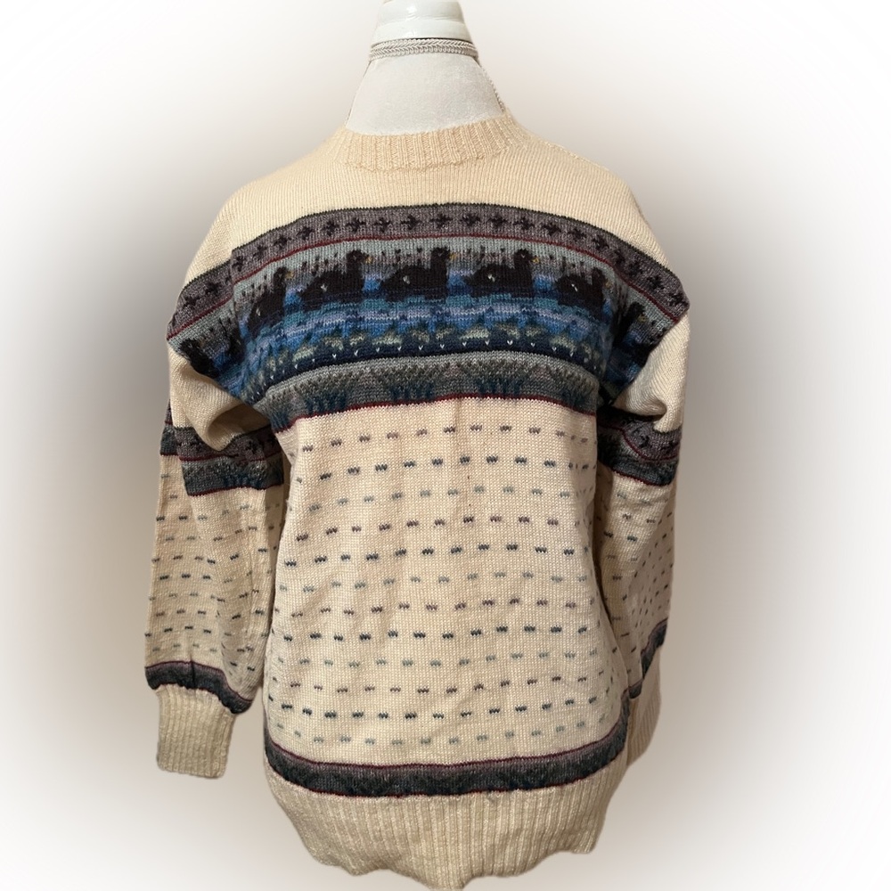 Women's Cream and Blue Patterned Sweater